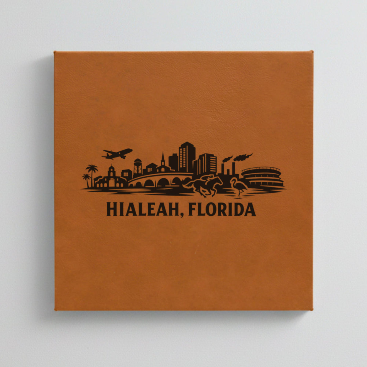 Close up of the Hialeah, Florida skyline engraved on Brown leatherette