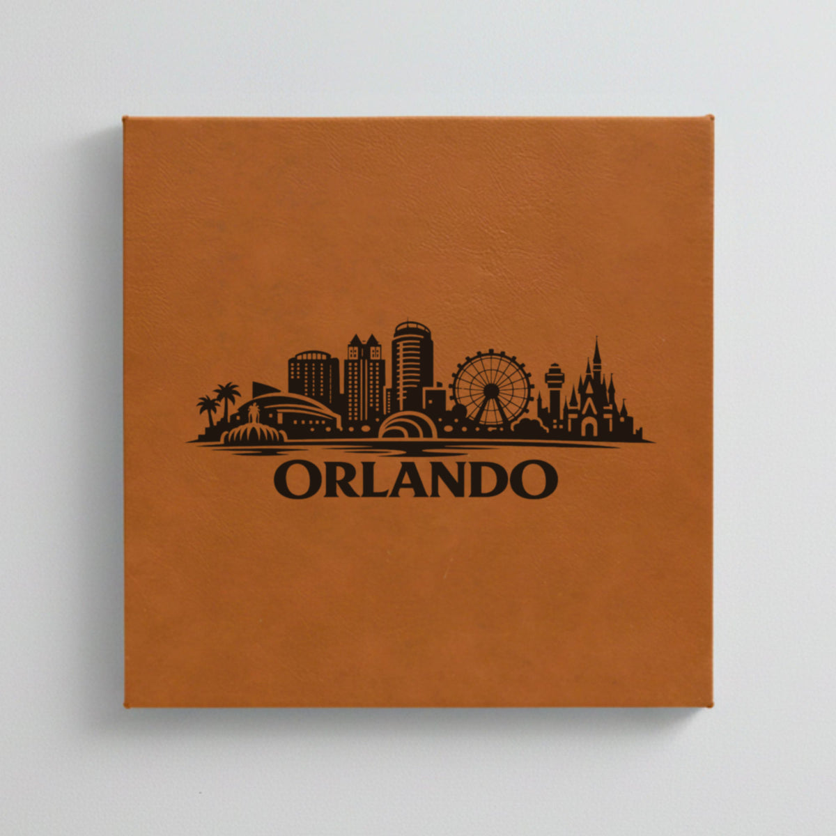 Close up of the Orlando, Florida skyline engraved on Brown leatherette