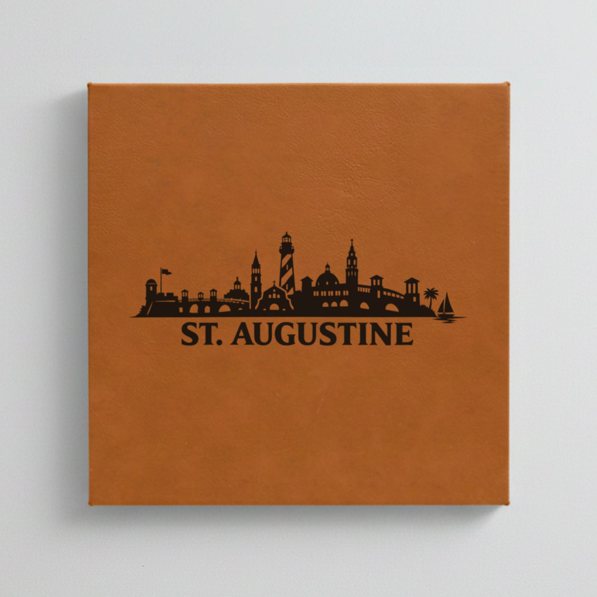 Close up of the St. Augustine, Florida skyline engraved on Brown leatherette
