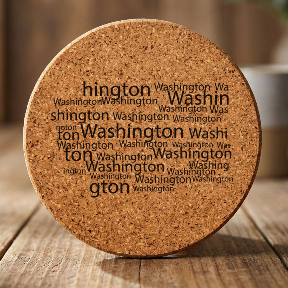 Washington round cork coaster engraved with a word cloud of repeating Washington text