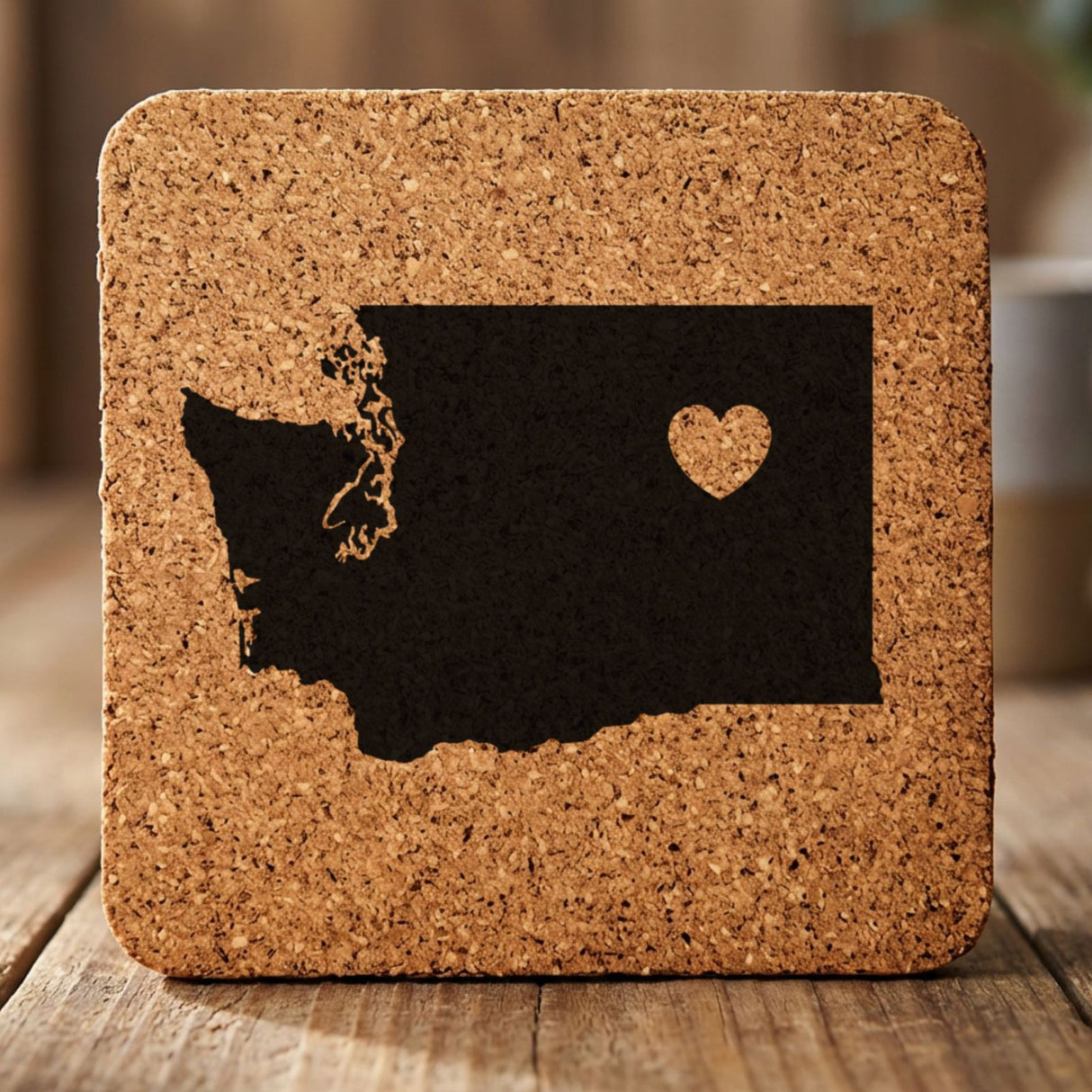 Washington square cork coaster engraved with the state shape and a heart