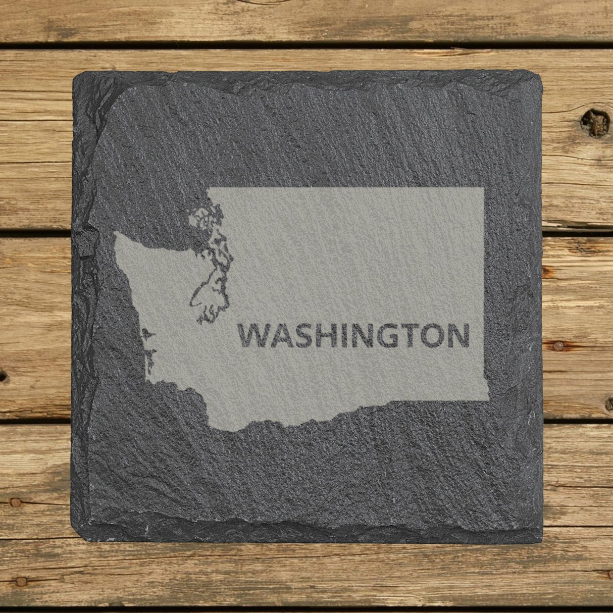 Washington square slate coaster engraved with the state shape and WASHINGTON in bold lettering