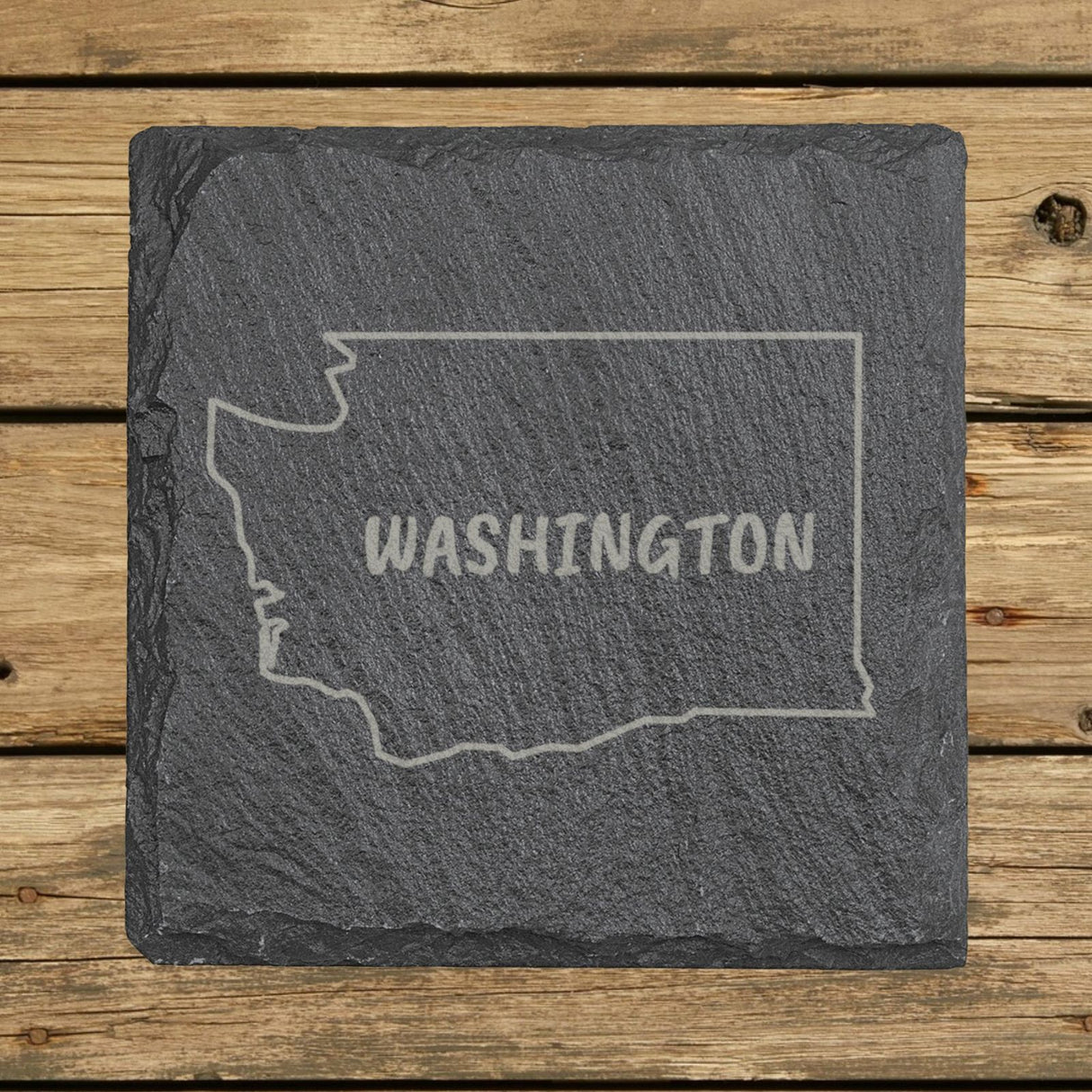 Washington square slate coaster engraved with the state outline and WASHINGTON in hand-drawn brush lettering