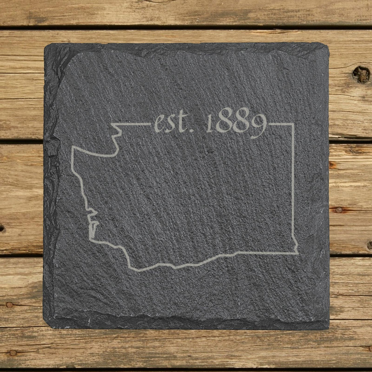 Washington square slate coaster engraved with the state outline and est. 1889