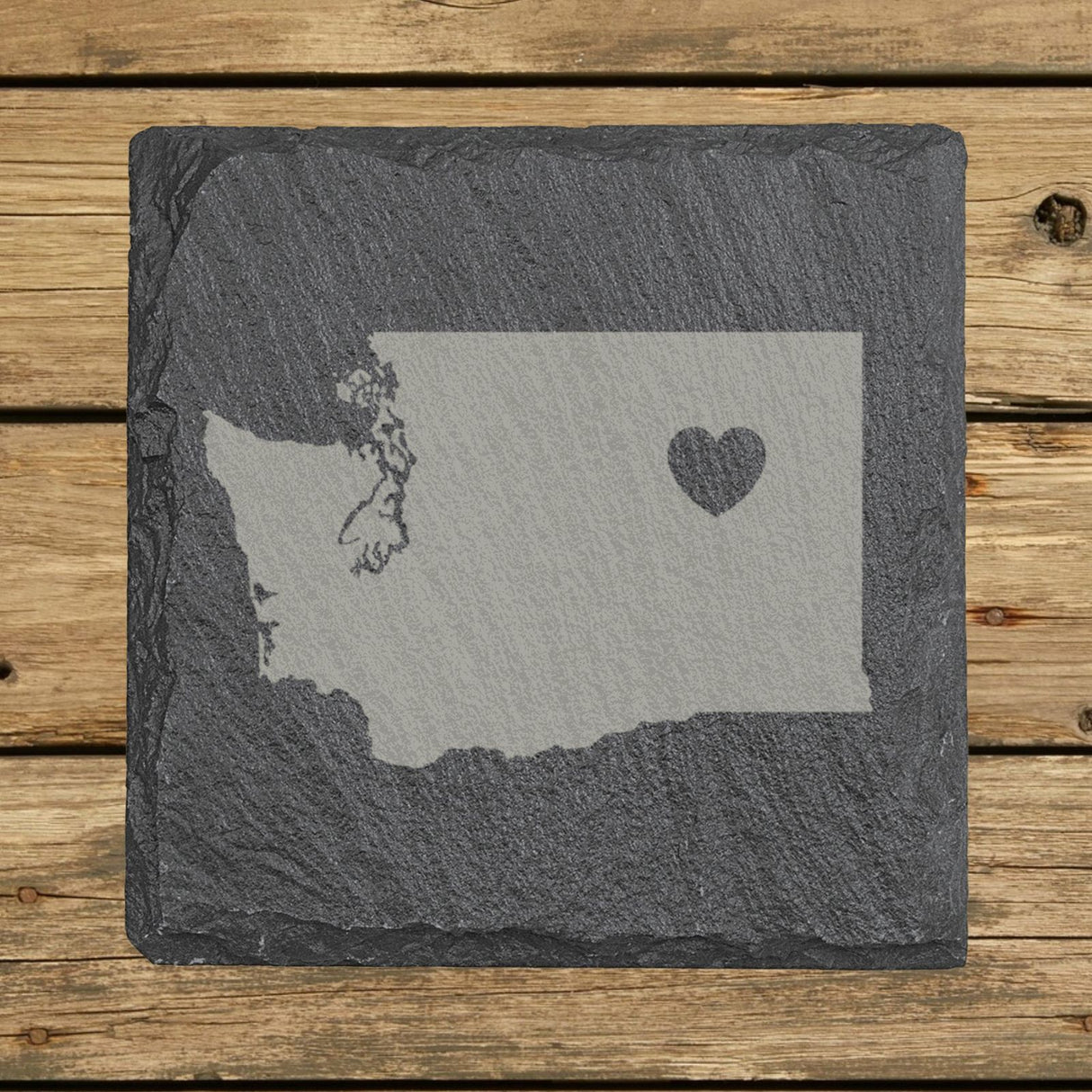 Washington square slate coaster engraved with the state shape and a heart
