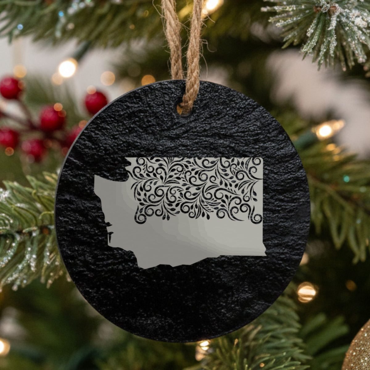 Washington round slate Christmas ornament engraved with the state shape in ornate floral scrollwork
