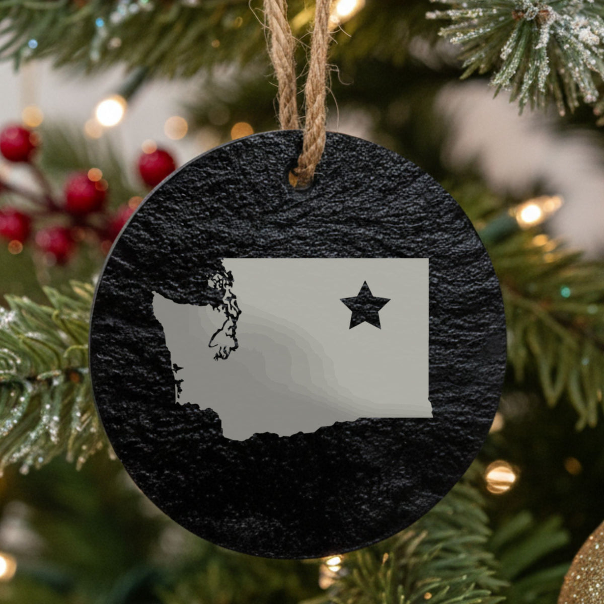 Washington round slate Christmas ornament engraved with the state shape and a star