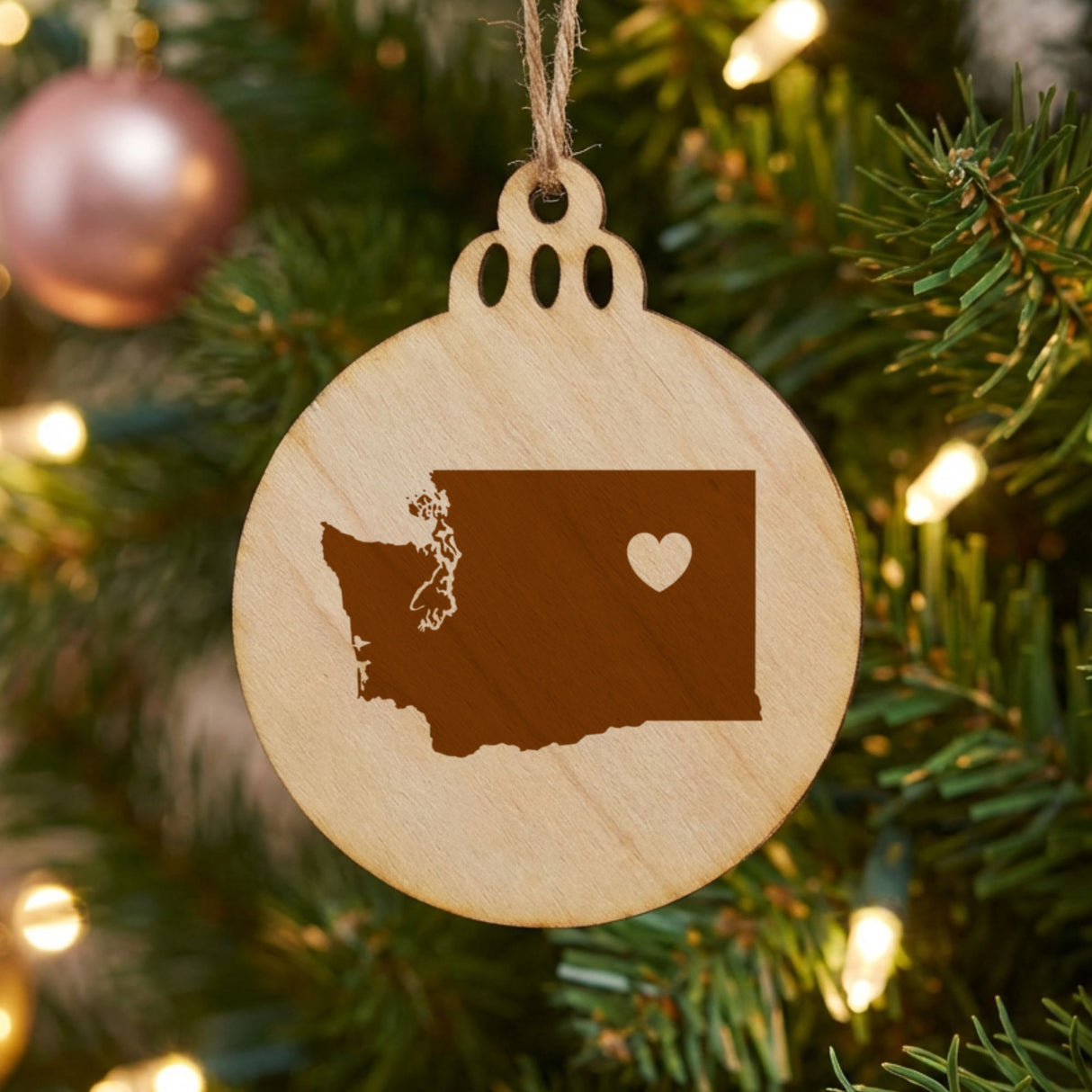 Washington round wood Christmas ornament engraved with the state shape and a heart