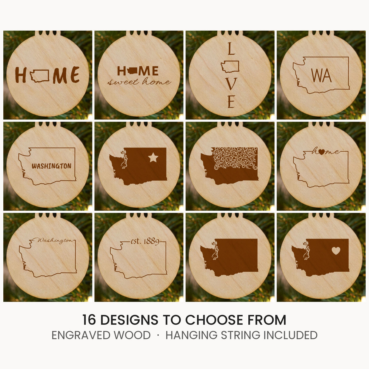Washington wood Christmas ornament, laser engraved natural wood
