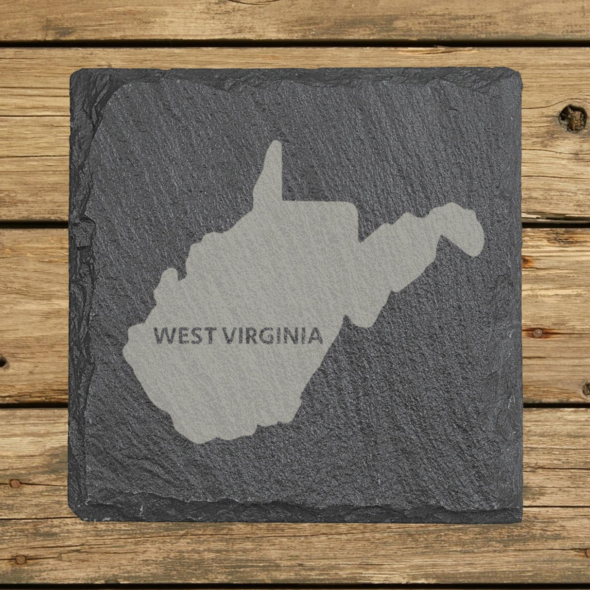 West Virginia square slate coaster engraved with the state shape and WEST VIRGINIA in bold lettering