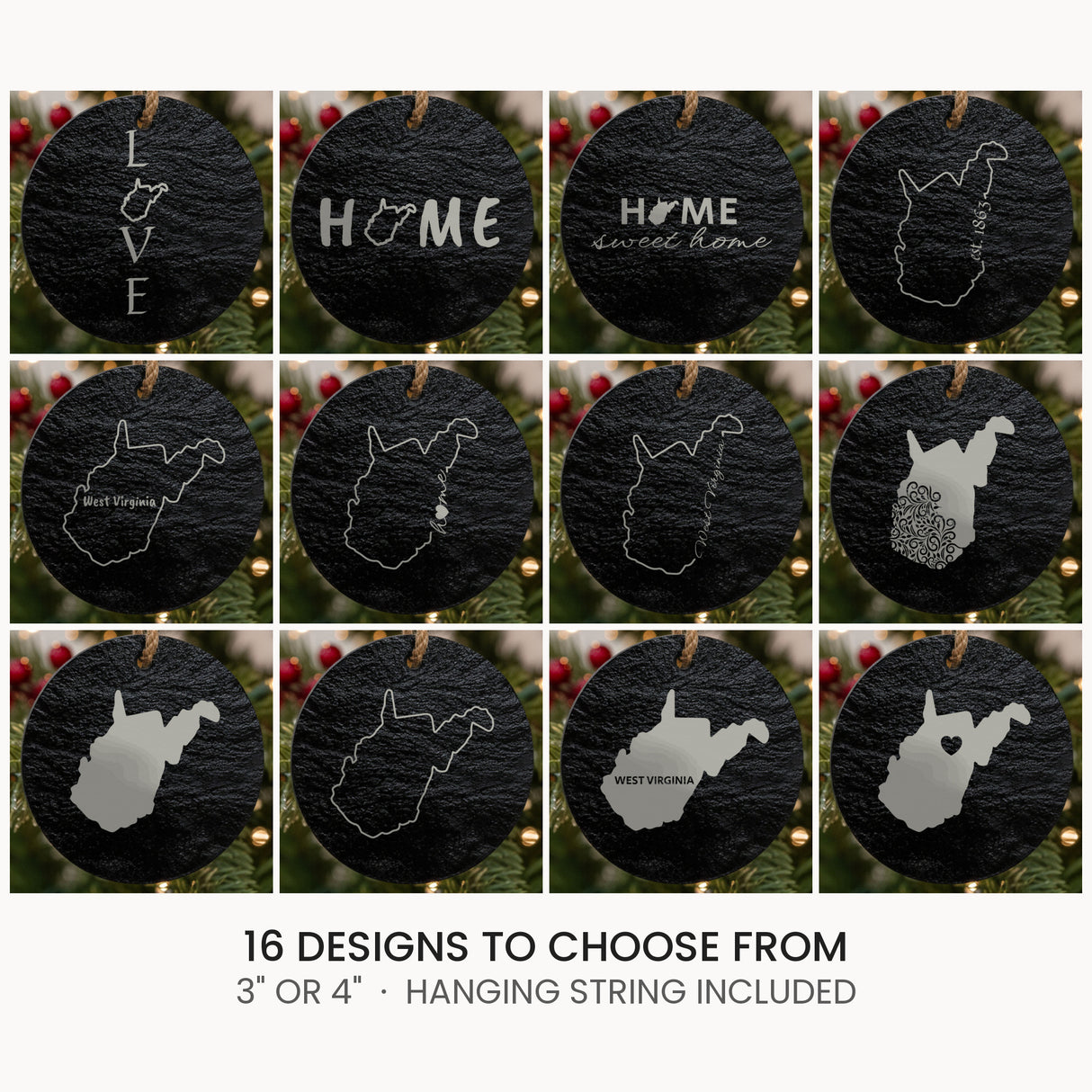 West Virginia slate Christmas ornament, laser engraved natural stone