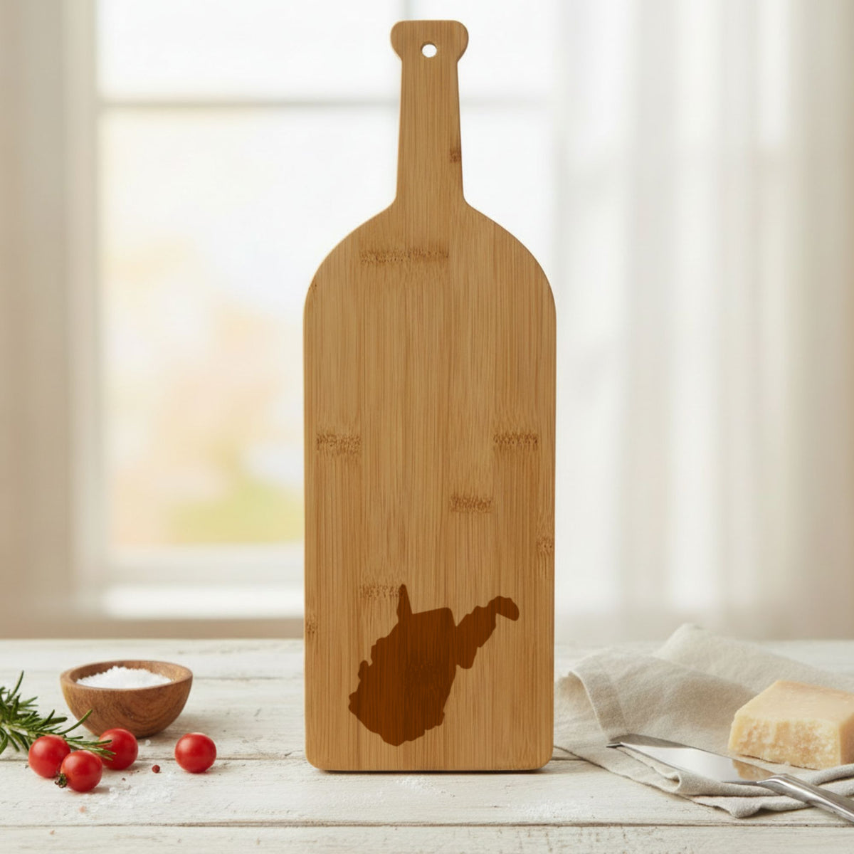 Bamboo wine bottle cutting board engraved with the West Virginia Engraved State design