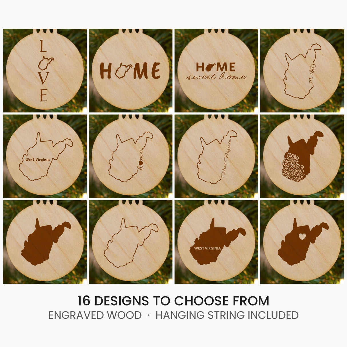 West Virginia wood Christmas ornament, laser engraved natural wood