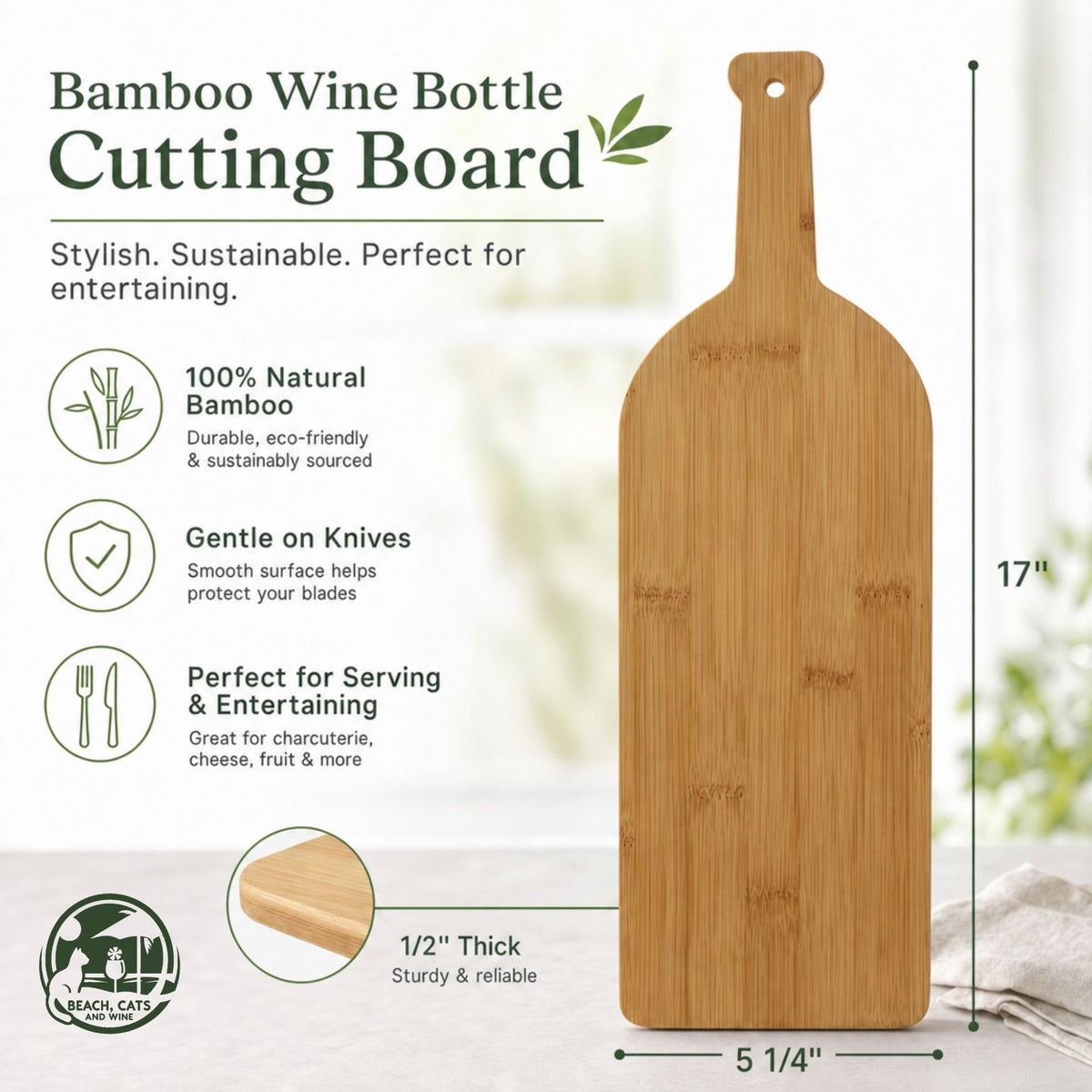 Wine bottle shaped cutting board size guide, 17 by 5.25 inches
