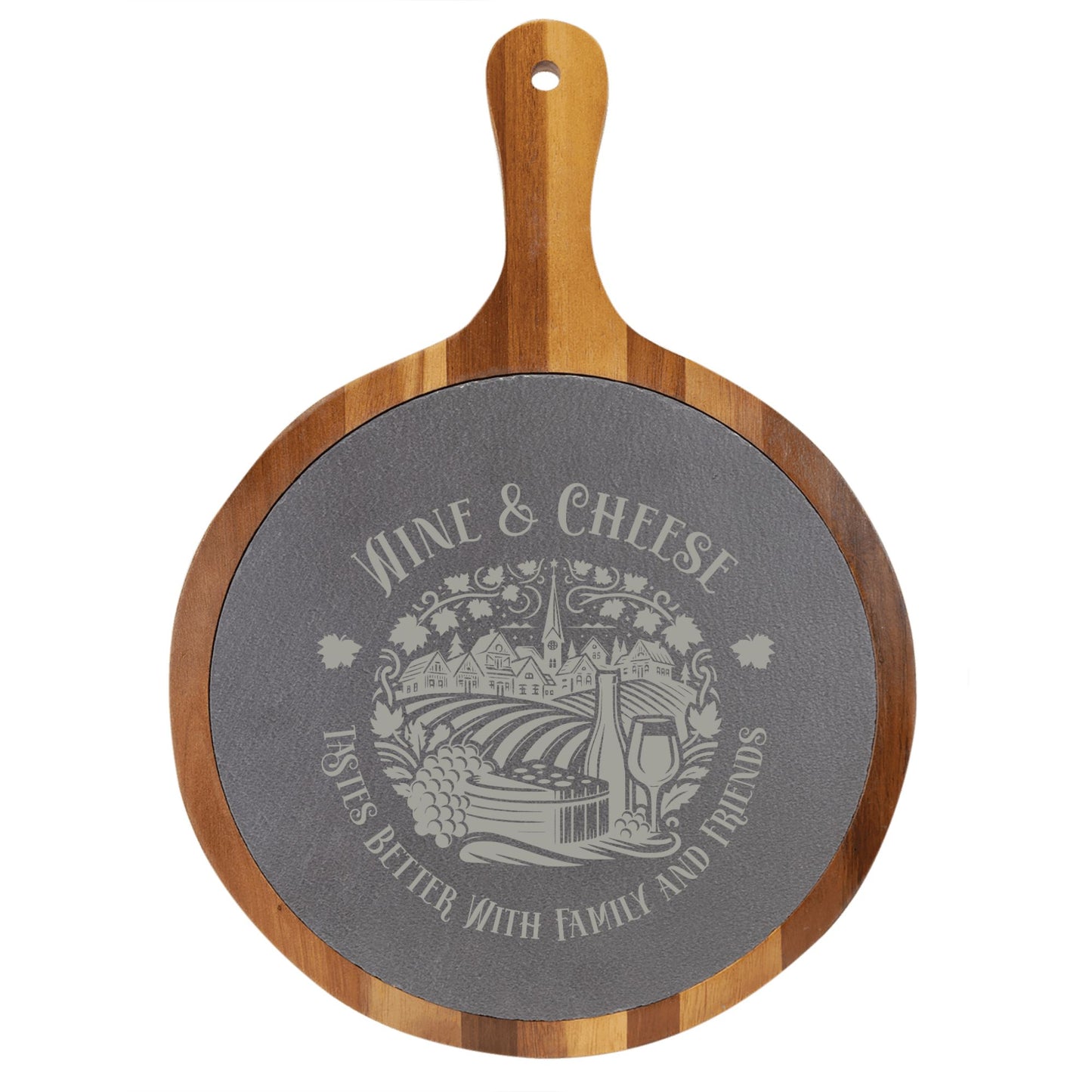 "Wine & Cheese Tastes Better with Family and Friends" Round Acacia Wood/Slate Cutting Board - Laser Engraved