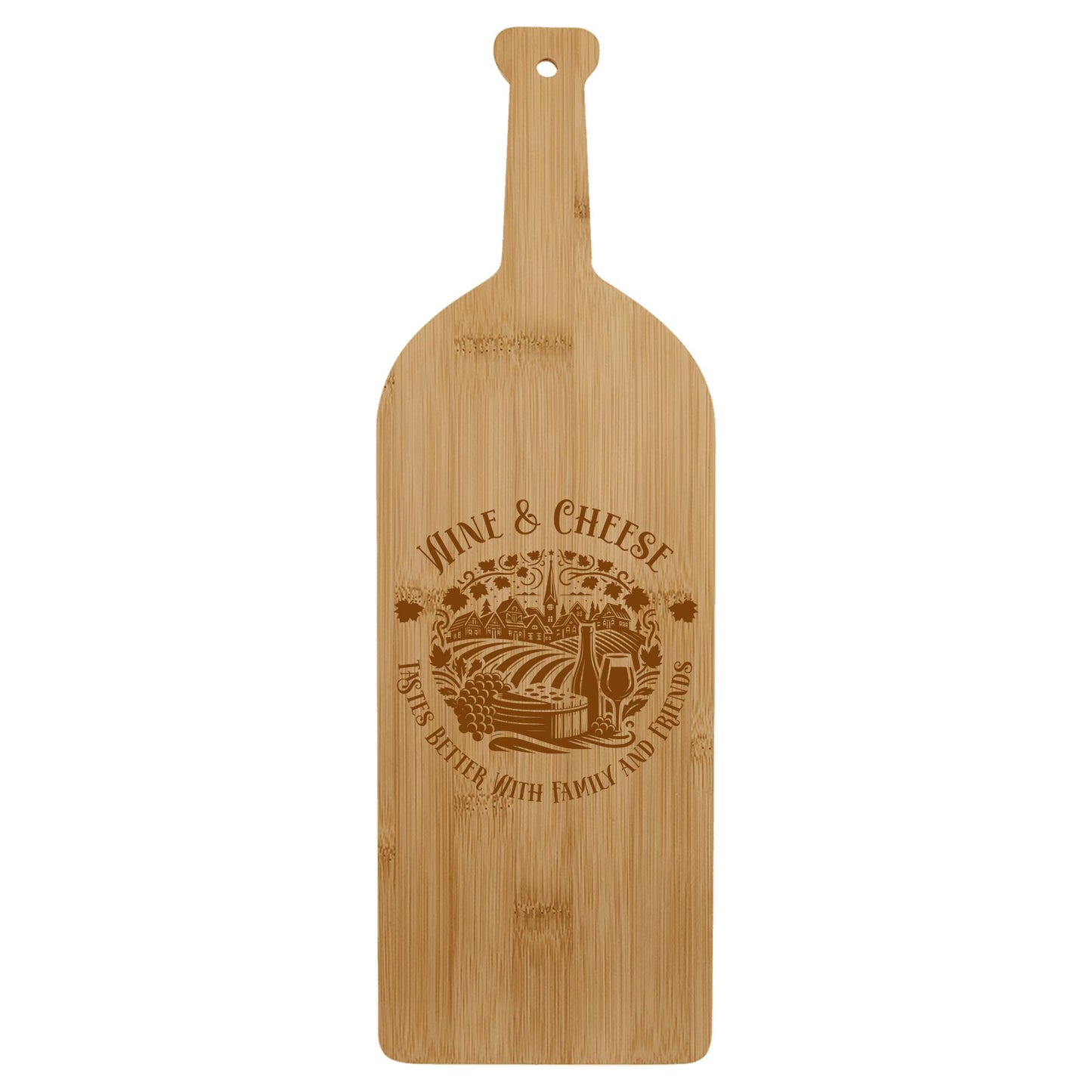 Bamboo Wine Bottle-Shaped Cutting Board – "Wine & Cheese Taste Better with Family and Friends" Design
