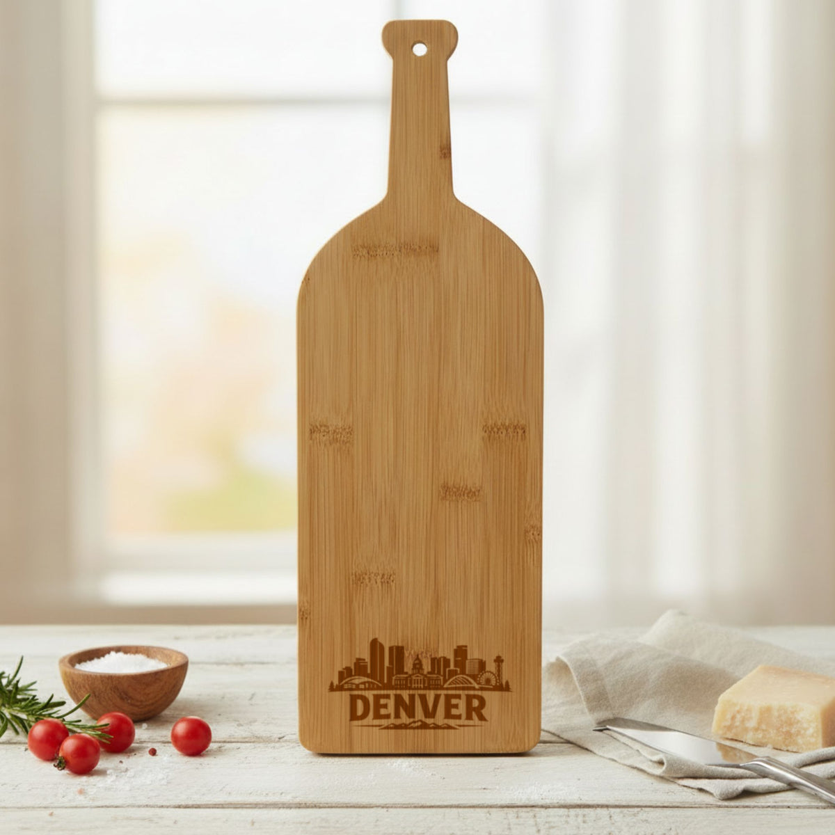 Bamboo wine bottle cutting board engraved with the Denver, Colorado skyline