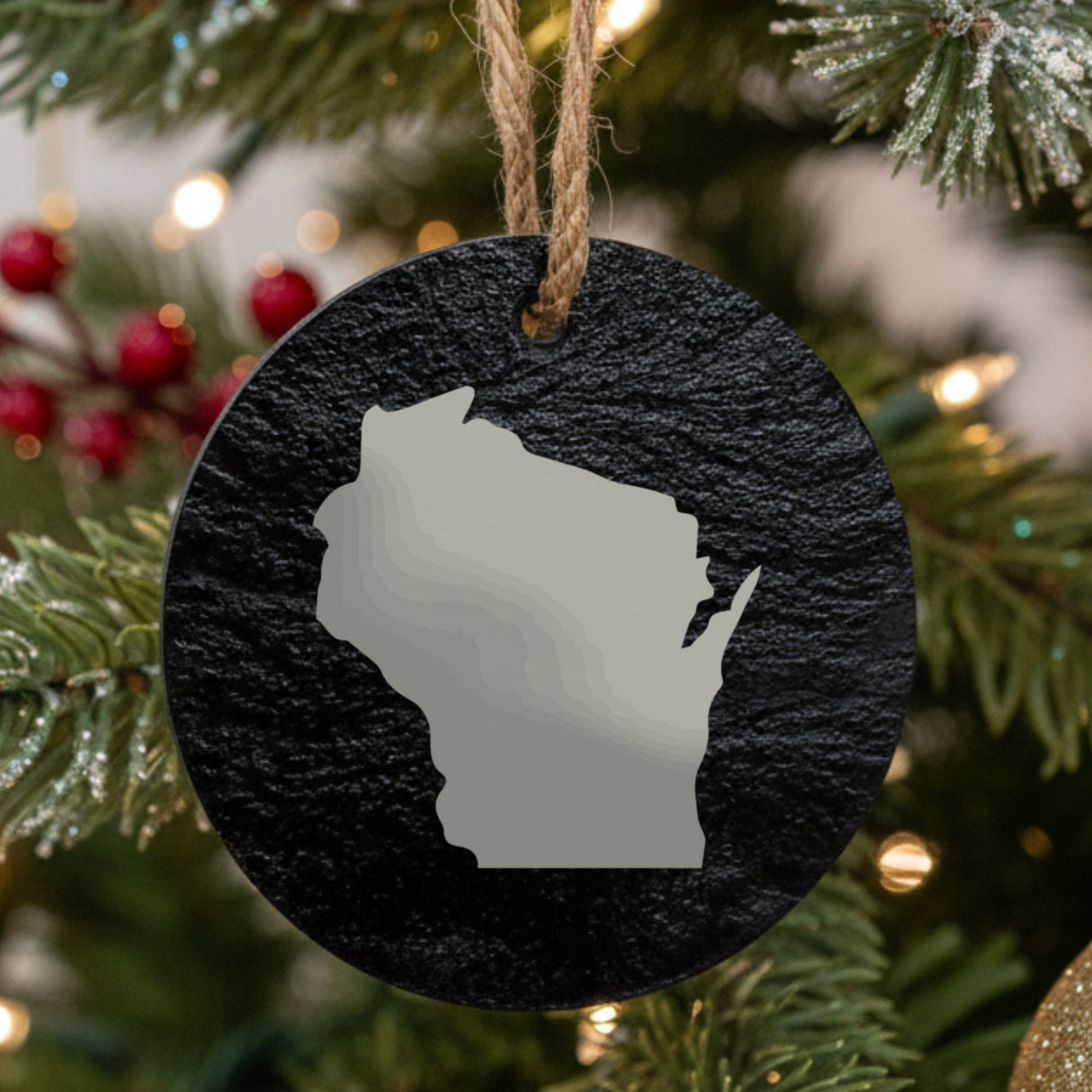 Wisconsin round slate Christmas ornament with the full state shape engraved
