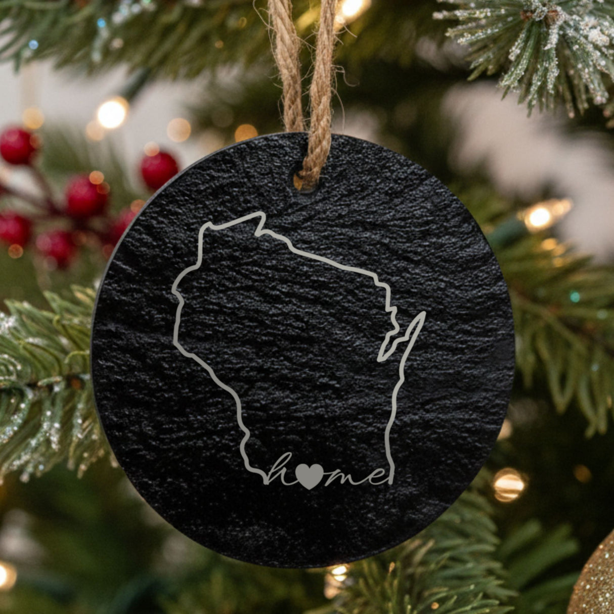 Wisconsin round slate Christmas ornament engraved with the state outline and home in script with a heart