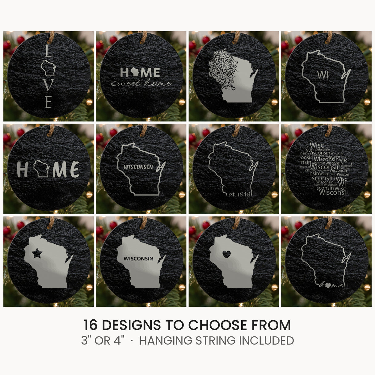 Wisconsin slate Christmas ornament, laser engraved natural stone