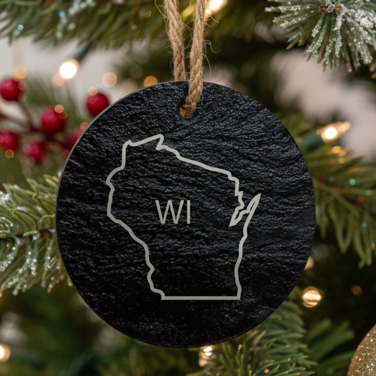 Wisconsin round slate Christmas ornament engraved with the state outline and WI initials