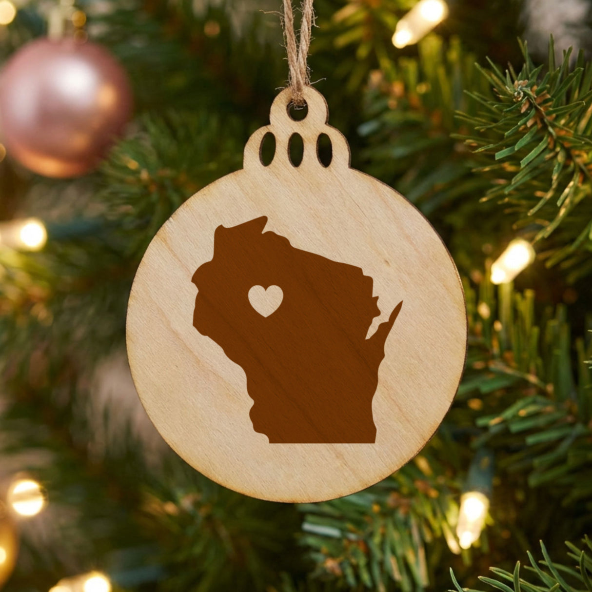 Wisconsin round wood Christmas ornament engraved with the state shape and a heart