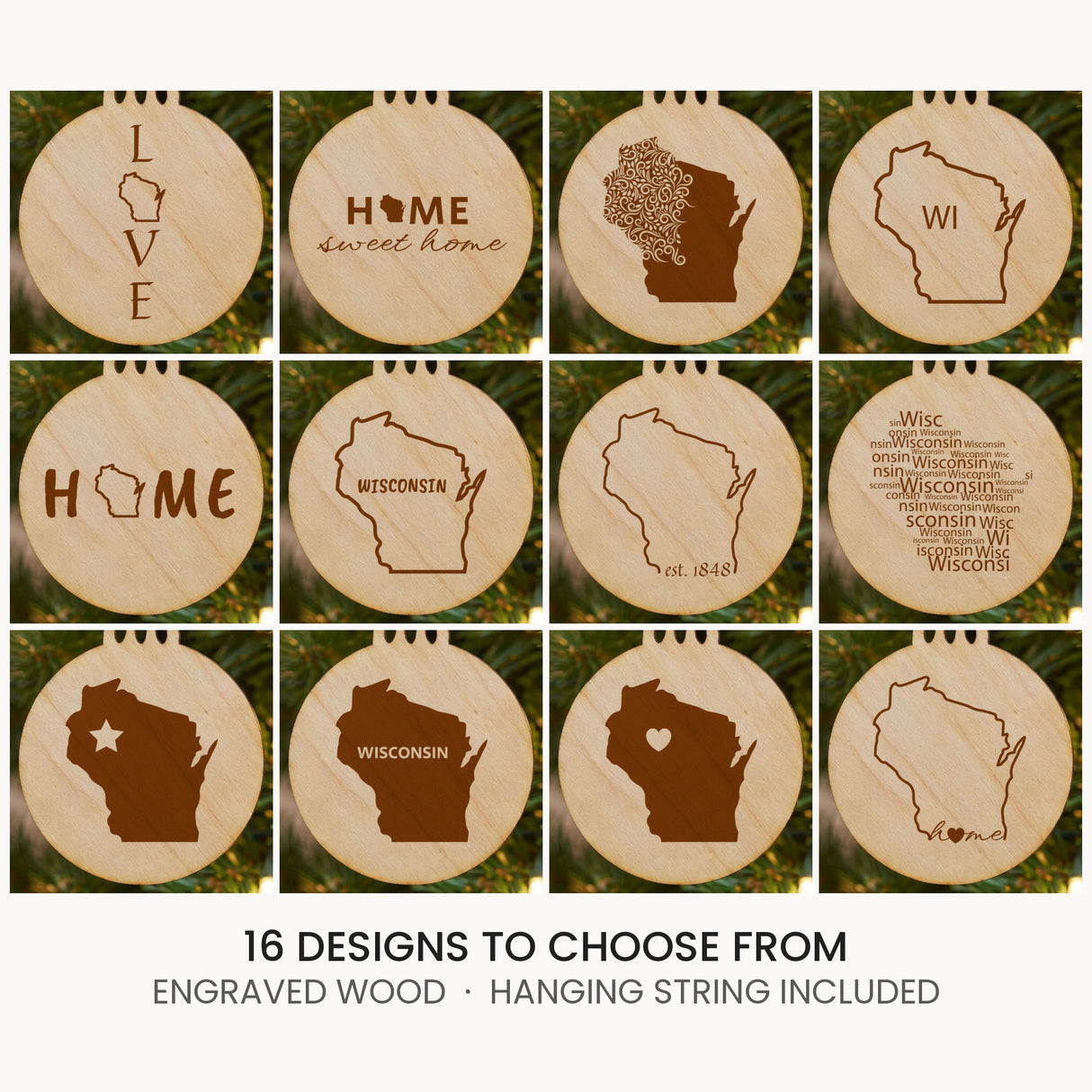 Wisconsin wood Christmas ornament, laser engraved natural wood