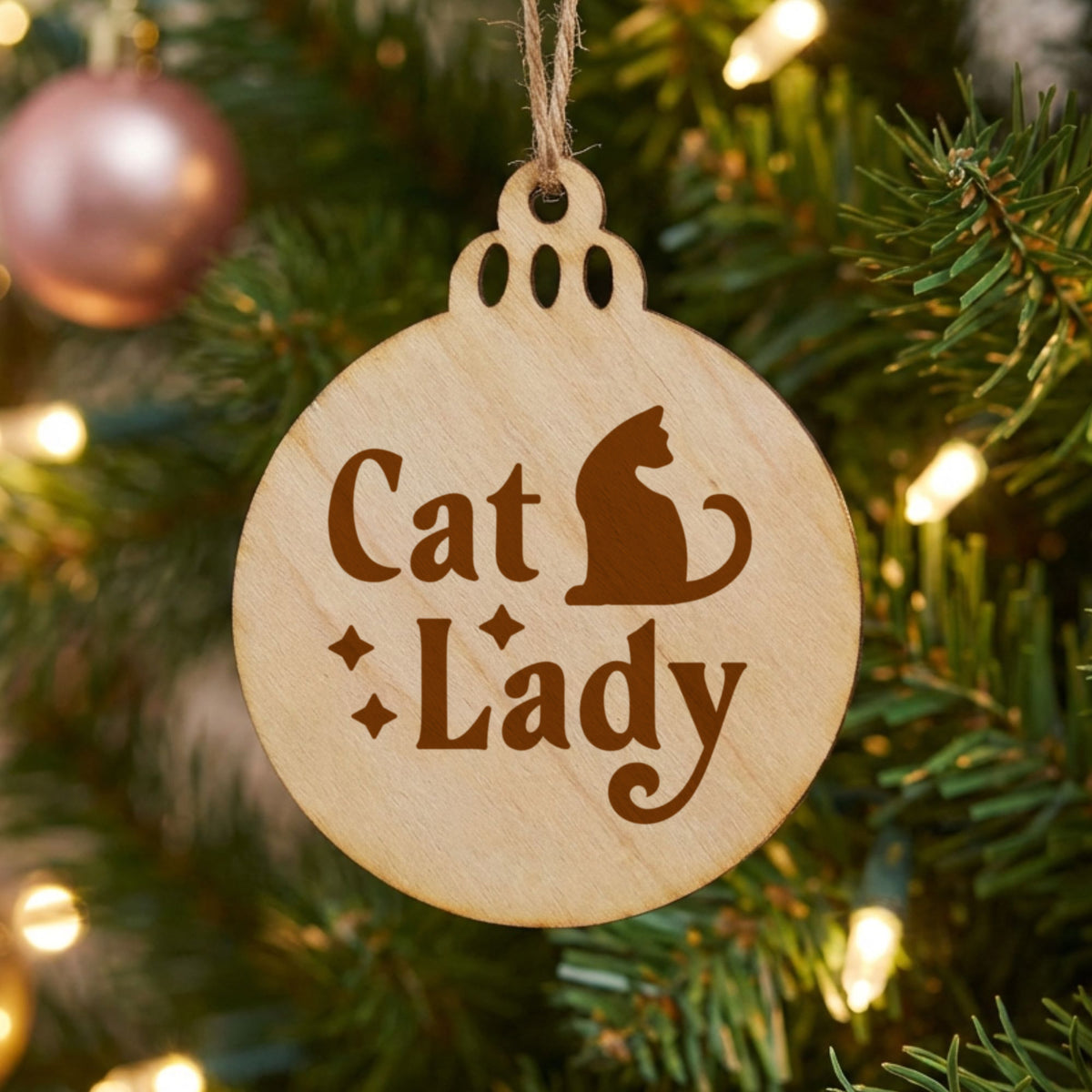 Round wood Christmas ornament laser engraved with "Cat Lady"