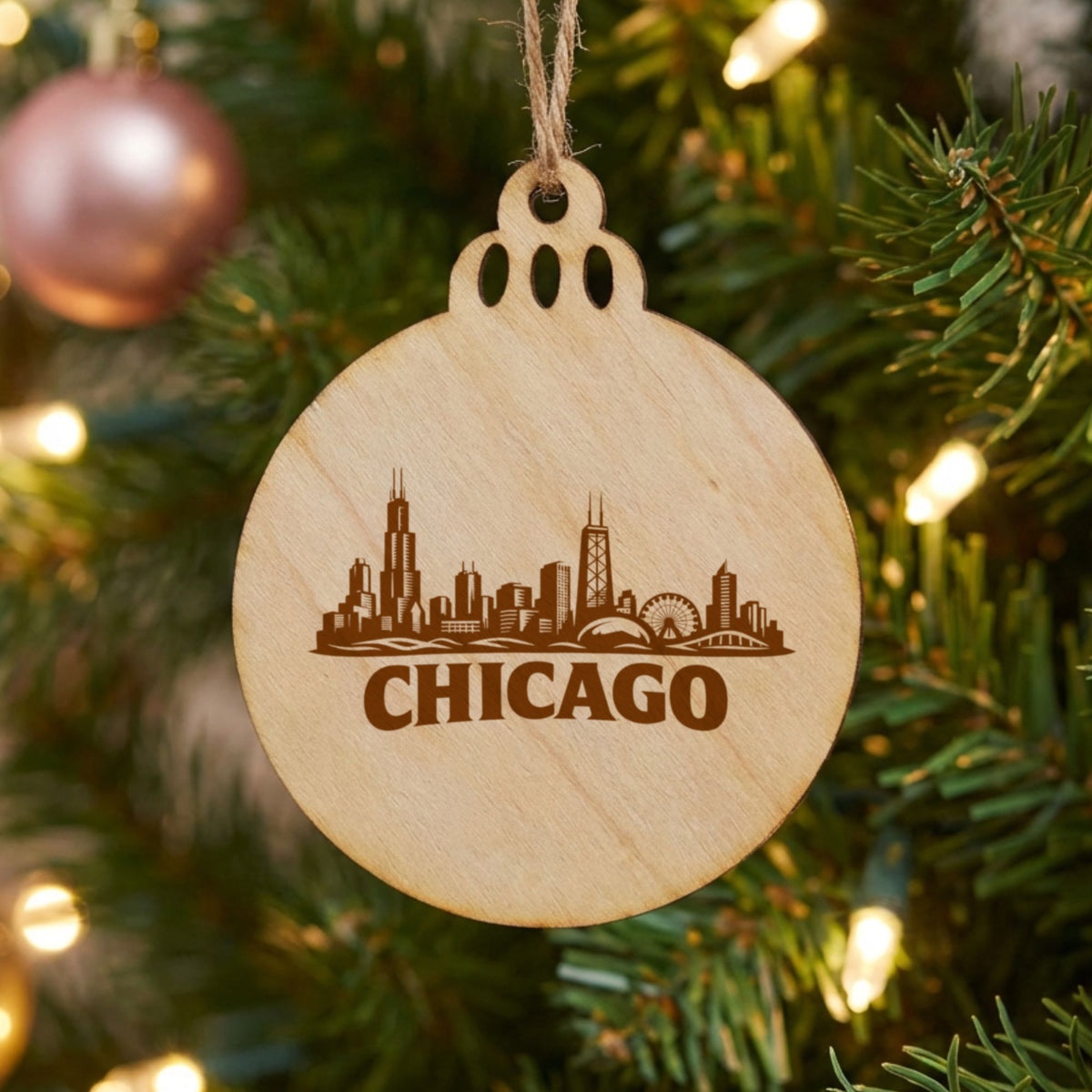 Chicago, Illinois skyline engraved on a round wood Christmas ornament