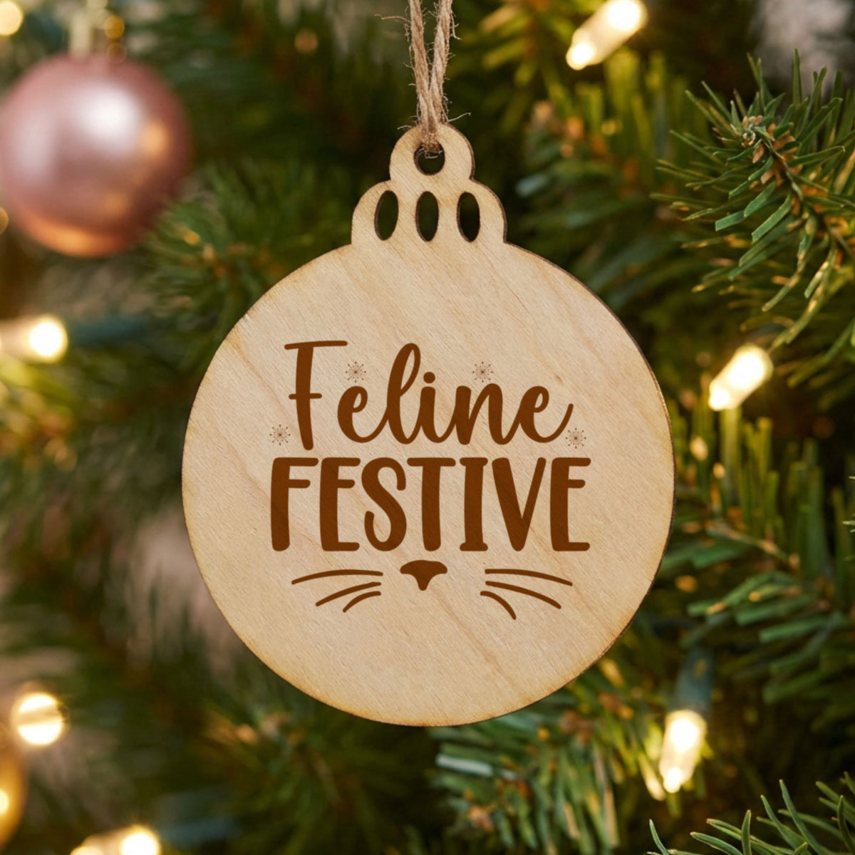 Round wood Christmas ornament laser engraved with "Feline Festive"