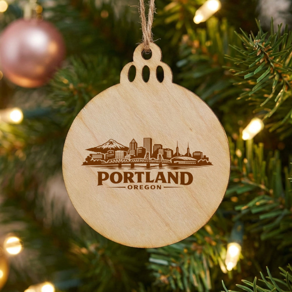 Portland, Oregon skyline engraved on a round wood Christmas ornament