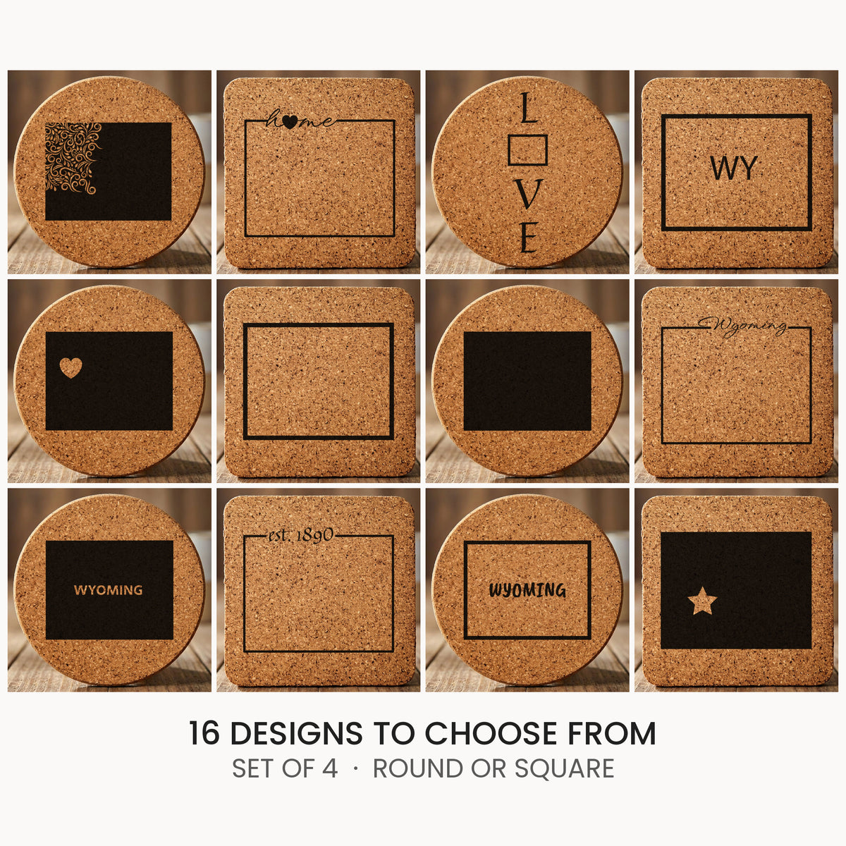 Wyoming cork coaster set, laser engraved natural cork