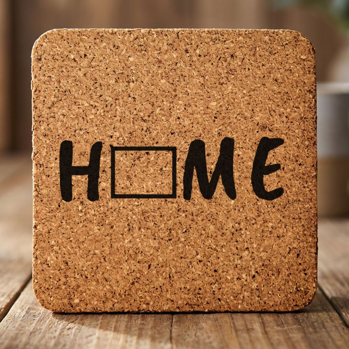 Wyoming square cork coaster engraved with HOME using the state outline as the letter O