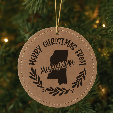 Brown leatherette Christmas ornament engraved Merry Christmas From Mississippi over the state shape