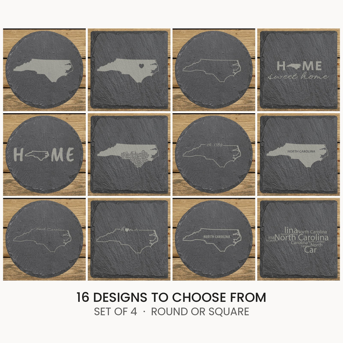 North Carolina slate coaster set, laser engraved natural stone