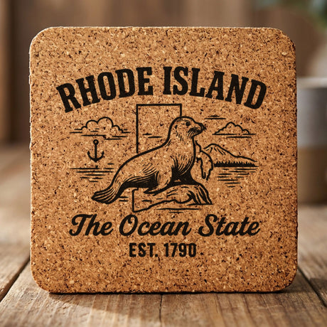 Rhode Island square cork coaster engraved with the state outline, a harbor seal and an anchor, The Ocean State