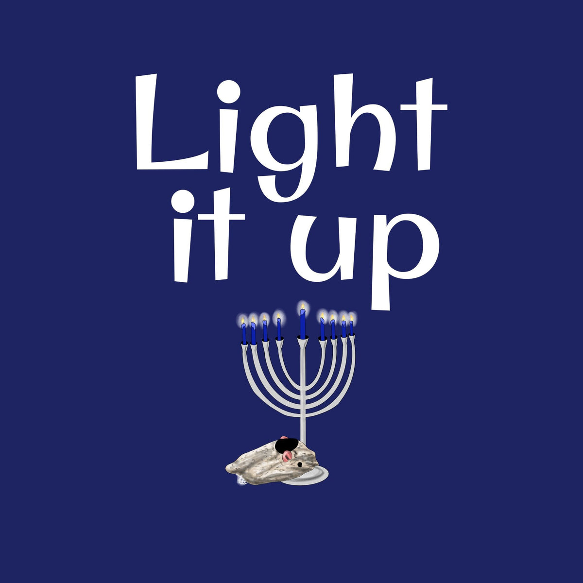 Light It Up design: a lit menorah with Mouse Toy on a navy background