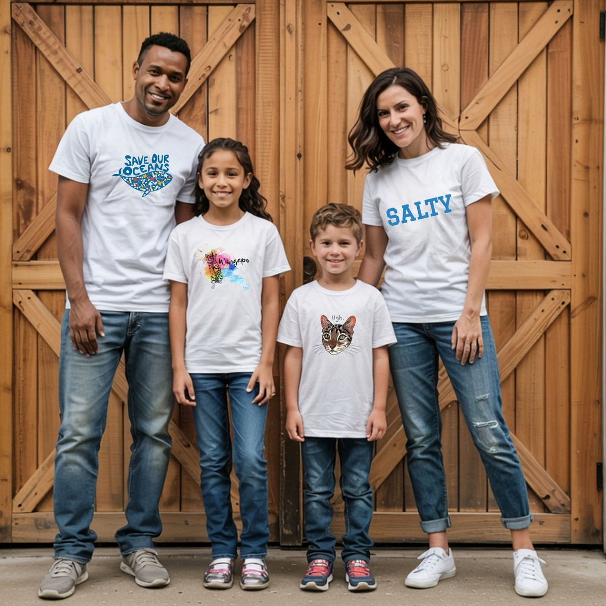 Family of four standing in front of wooden doors posing for a photo
