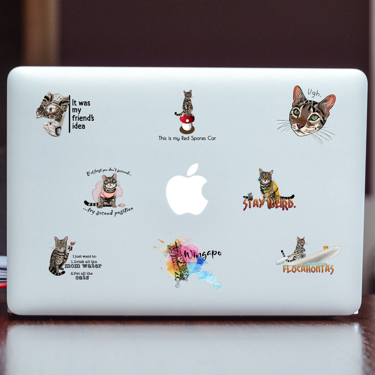 Laptop lid covered with hand drawn Flounder the Purrmaid vinyl stickers