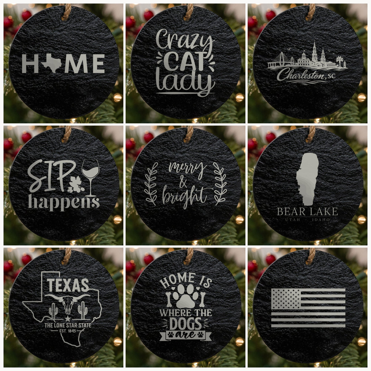 Engraved natural slate Christmas ornaments with state, cat, city skyline and wine designs