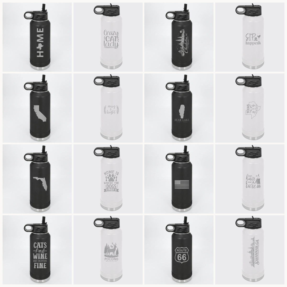 Engraved 32 oz water bottles in black and white with state, cat and coastal designs