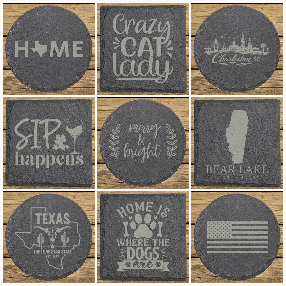 Nine engraved slate coasters with state, cat, wine and city skyline designs