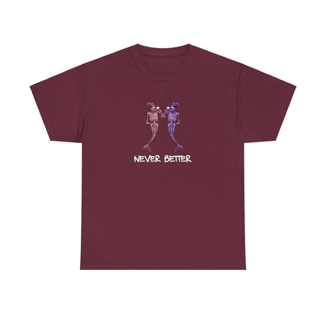 Never Better skeleton mermaids graphic tee in maroon