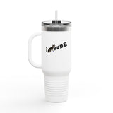 40oz Insulated Travel Mug — Flounder Pressing 'RUDE' Button (Hand-Drawn)