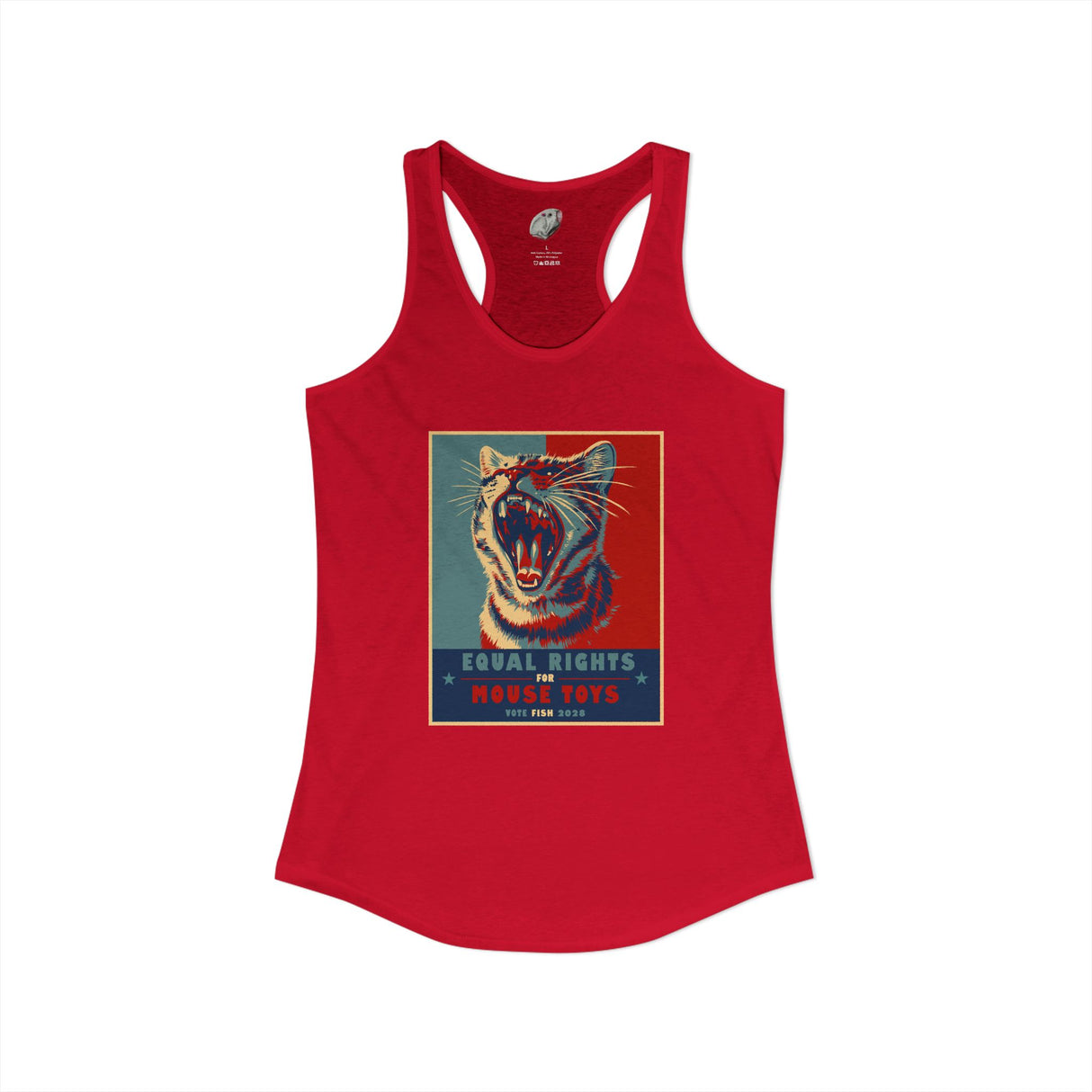Vote Fish 2028 Racerback Tank — "Equal Rights for Mouse Toys" Purrmaid Funny Campaign