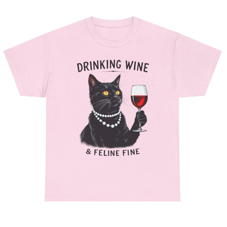 Black cat drinking wine Feline Fine cotton tee in light pink