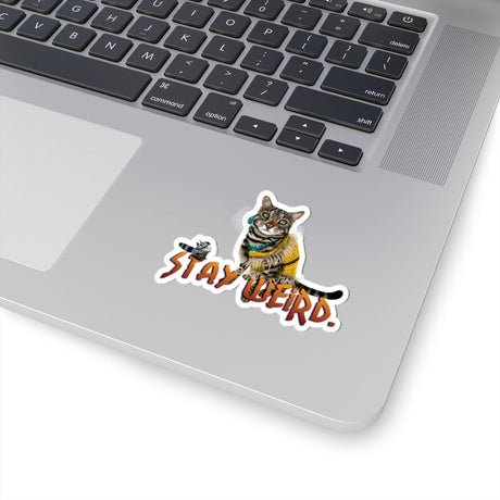 Stay Weird die cut sticker shown on a laptop