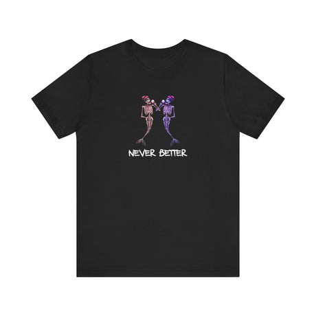Never Better mermaid skeletons wine tee in black