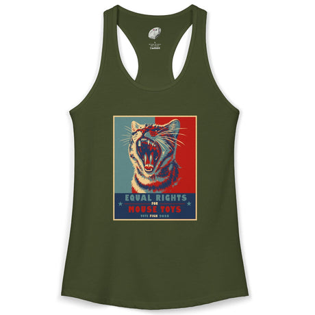 Vote Fish 2028 Racerback Tank - "Equal Rights for Mouse Toys" Purrmaid Funny Campaign, shown in Solid Military Green