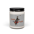 Tricks for Treats scented soy candle, 9 oz glass jar with the hand drawn Tricks for Treats design by Nina Leipold